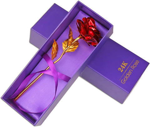 24K Gold Foil Artificial Rose with Base Romantic Gift & Home Décor (Red)