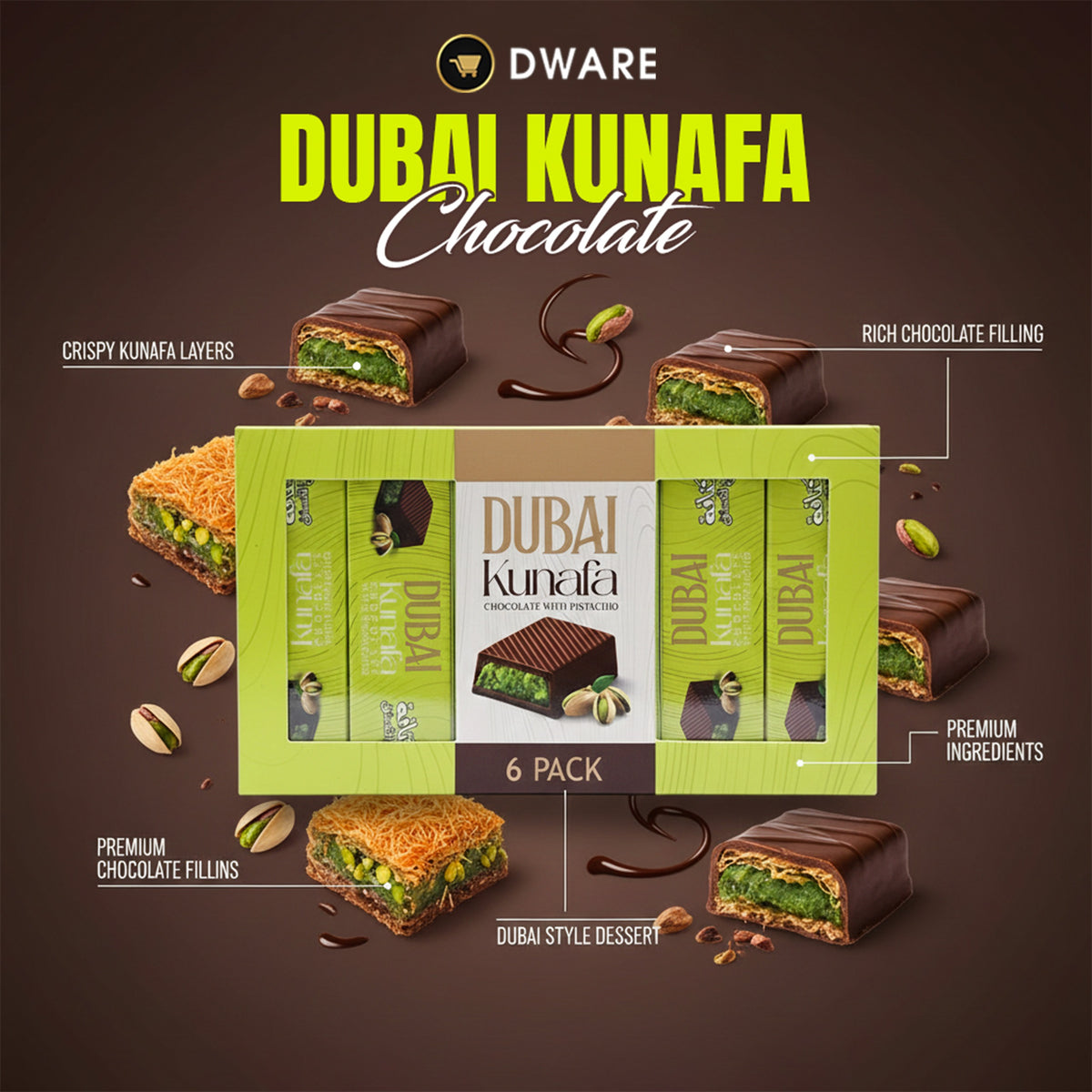 Dubai Kunafa Chocolate with Pistachio - 6-Pack Premium Gift Box